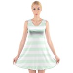 Horizontal Stripes - White and Pale Green V-Neck Sleeveless Dress