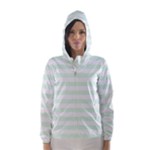 Horizontal Stripes - White and Pale Green Hooded Wind Breaker (Women)