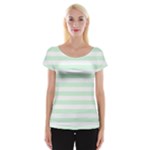 Horizontal Stripes - White and Pastel Green Women s Cap Sleeve Top