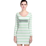 Horizontal Stripes - White and Pastel Green Long Sleeve Velvet Bodycon Dress