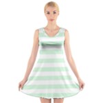 Horizontal Stripes - White and Pastel Green V-Neck Sleeveless Dress