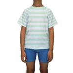 Horizontal Stripes - White and Pastel Green Kid s Short Sleeve Swimwear