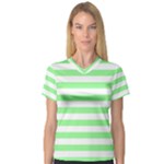 Horizontal Stripes - White and Light Green Women s V-Neck Sport Mesh Tee