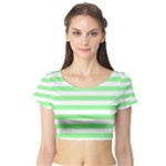 Horizontal Stripes - White and Light Green Short Sleeve Crop Top (Tight Fit)