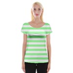 Horizontal Stripes - White and Light Green Women s Cap Sleeve Top