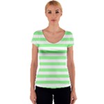 Horizontal Stripes - White and Light Green Women s V-Neck Cap Sleeve Top