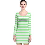 Horizontal Stripes - White and Light Green Long Sleeve Velvet Bodycon Dress
