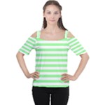 Horizontal Stripes - White and Light Green Women s Cutout Shoulder Tee