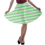 Horizontal Stripes - White and Light Green A-line Skater Skirt
