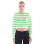 Horizontal Stripes - White and Light Green Women s Cropped Sweatshirt