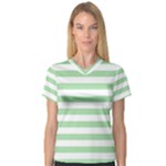 Horizontal Stripes - White and Celadon Green Women s V-Neck Sport Mesh Tee