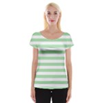 Horizontal Stripes - White and Celadon Green Women s Cap Sleeve Top