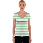 Horizontal Stripes - White and Celadon Green Women s V-Neck Cap Sleeve Top