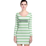 Horizontal Stripes - White and Celadon Green Long Sleeve Velvet Bodycon Dress