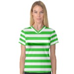 Horizontal Stripes - White and Lime Green Women s V-Neck Sport Mesh Tee