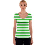 Horizontal Stripes - White and Lime Green Women s V-Neck Cap Sleeve Top