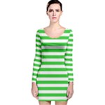Horizontal Stripes - White and Lime Green Long Sleeve Velvet Bodycon Dress