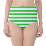 Horizontal Stripes - White and Lime Green High-Waist Bikini Bottoms