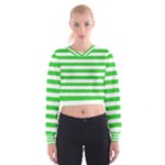 Horizontal Stripes - White and Lime Green Women s Cropped Sweatshirt