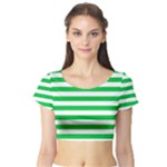 Horizontal Stripes - White and Dark Pastel Green Short Sleeve Crop Top (Tight Fit)