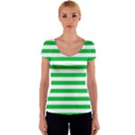 Horizontal Stripes - White and Dark Pastel Green Women s V-Neck Cap Sleeve Top