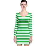 Horizontal Stripes - White and Dark Pastel Green Long Sleeve Velvet Bodycon Dress