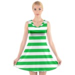 Horizontal Stripes - White and Dark Pastel Green V-Neck Sleeveless Dress