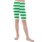 Horizontal Stripes - White and Dark Pastel Green Kid s Mid Length Swim Shorts