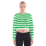 Horizontal Stripes - White and Dark Pastel Green Women s Cropped Sweatshirt