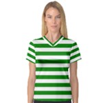 Horizontal Stripes - White and Green Women s V-Neck Sport Mesh Tee