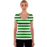 Horizontal Stripes - White and Green Women s V-Neck Cap Sleeve Top
