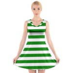 Horizontal Stripes - White and Green V-Neck Sleeveless Dress