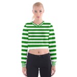 Horizontal Stripes - White and Green Women s Cropped Sweatshirt
