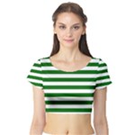 Horizontal Stripes - White and Dark Green Short Sleeve Crop Top (Tight Fit)