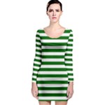 Horizontal Stripes - White and Dark Green Long Sleeve Bodycon Dress