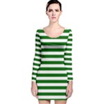 Horizontal Stripes - White and Dark Green Long Sleeve Velvet Bodycon Dress