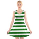 Horizontal Stripes - White and Dark Green V-Neck Sleeveless Dress