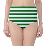 Horizontal Stripes - White and Dark Green High-Waist Bikini Bottoms