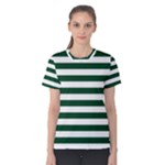 Horizontal Stripes - White and Forest Green Women s Cotton Tee