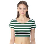 Horizontal Stripes - White and Forest Green Short Sleeve Crop Top (Tight Fit)