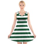 Horizontal Stripes - White and Forest Green V-Neck Sleeveless Dress