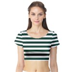 Horizontal Stripes - White and Deep Green Short Sleeve Crop Top (Tight Fit)