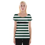 Horizontal Stripes - White and Deep Green Women s Cap Sleeve Top