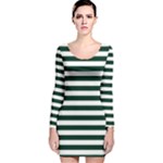Horizontal Stripes - White and Deep Green Long Sleeve Velvet Bodycon Dress