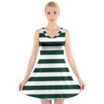 Horizontal Stripes - White and Deep Green V-Neck Sleeveless Dress