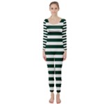 Horizontal Stripes - White and Deep Green Long Sleeve Catsuit
