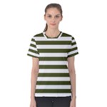 Horizontal Stripes - White and Army Green Women s Cotton Tee