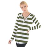 Horizontal Stripes - White and Army Green Women s Tie Up Tee