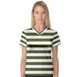 Horizontal Stripes - White and Army Green Women s V-Neck Sport Mesh Tee