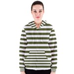 Horizontal Stripes - White and Army Green Women s Zipper Hoodie